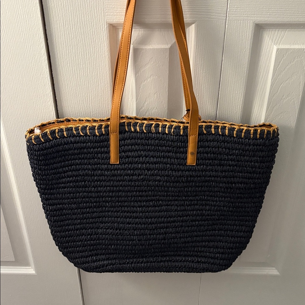Talbots Navy and Tan Raffia Tote Bag - Picture 3 of 3
